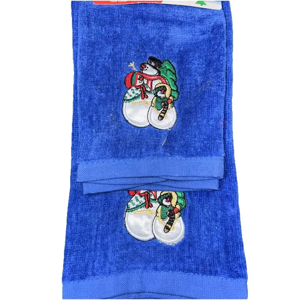 Holiday Domestics Snowman Christmas Tea Towel Set Velour Appliqué‎ Royal Blue